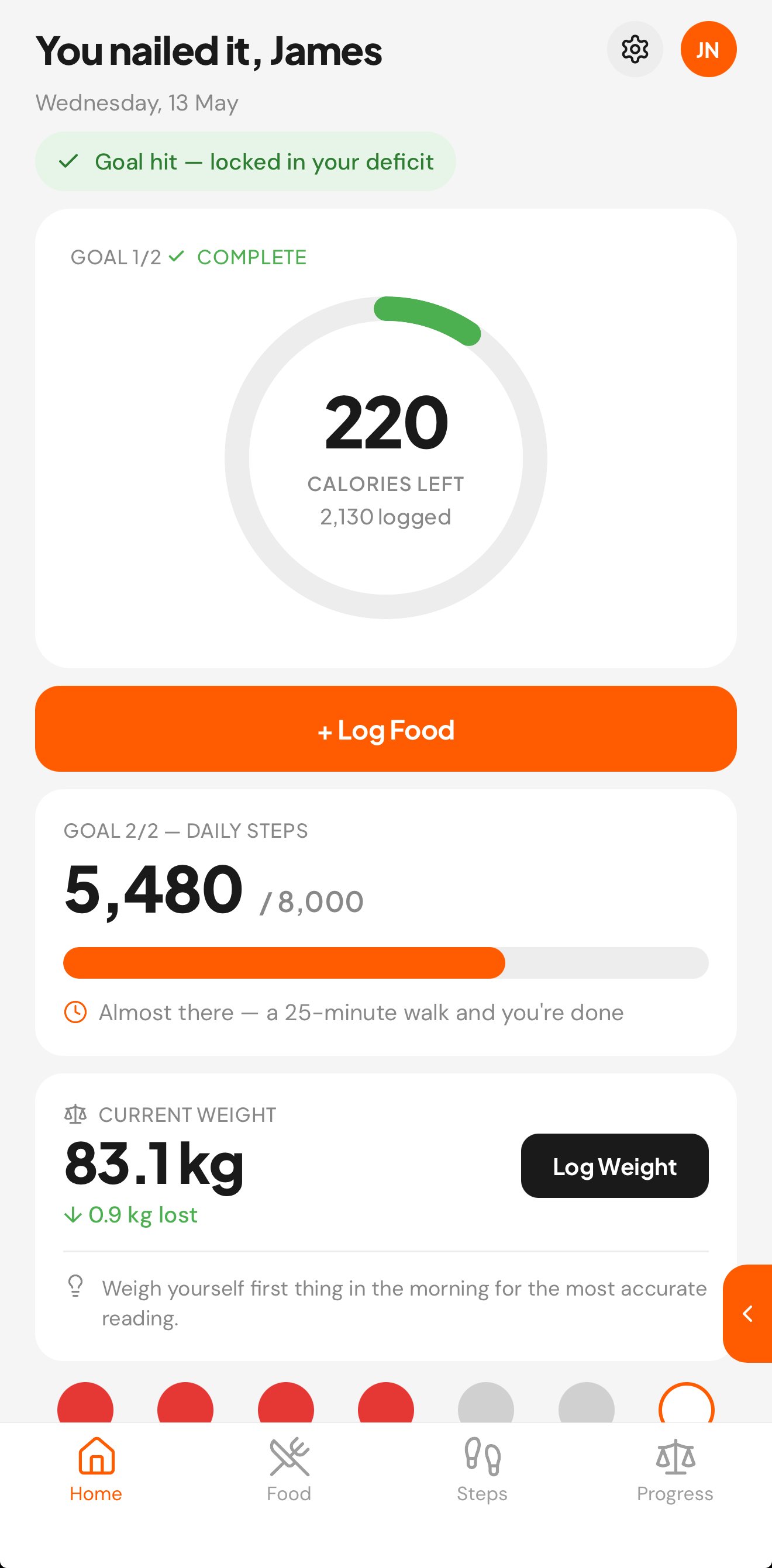 CalCut app showing goal complete state with orange-to-green transition
